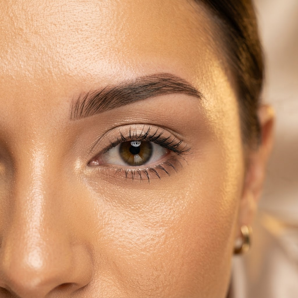 Healed combination brows blending hair strokes and powder shading
